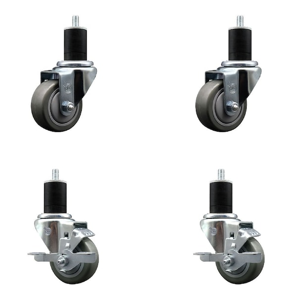 3'' Gray Poly Wheel Swivel 1-3/4'' Expanding Stem Caster Set 2 Brakes, 4PK